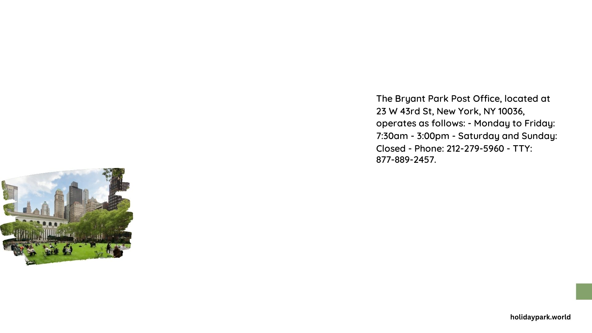bryant park post office hours